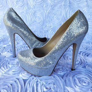 ALDO Grey Silver Glitter Stiletto Platform Slip on Leather Heels Womens Size 6.5